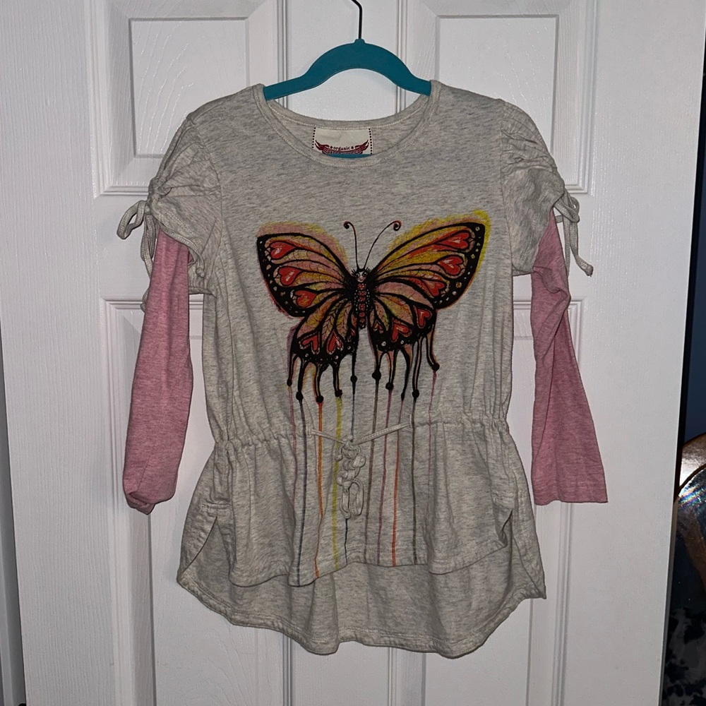 SOLD Paper Wings Size 8 Artsy Butterfly Ruffle Top EUC, gathered waist,